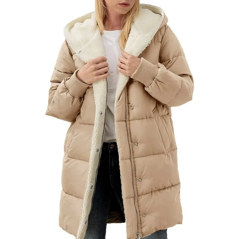 Womens Winter Warm Hooded Puffer Jacket Sherpa Fleece Lined Long Hooded Puffer Jacket