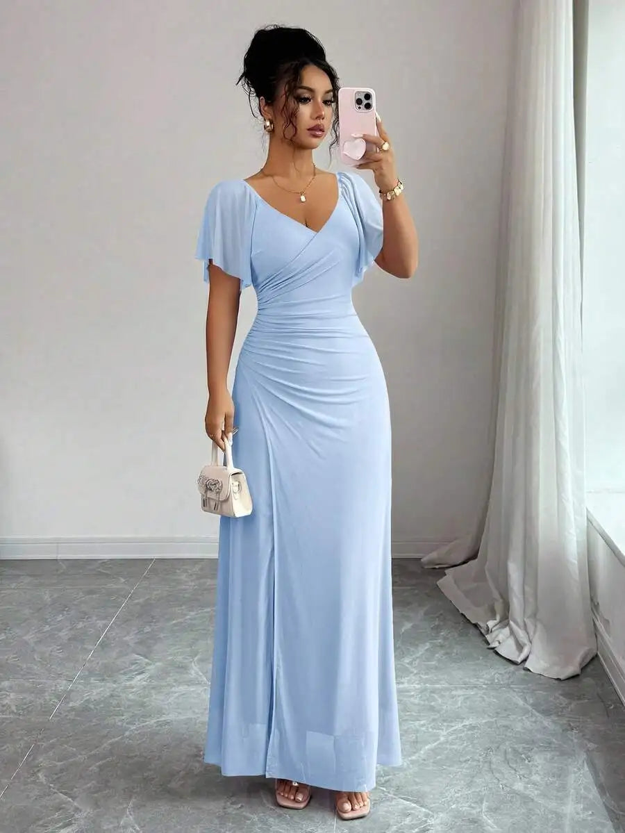 Light Purple V-Neck Ruffle Sleeve Pleated A-Line Split Maxi Dress