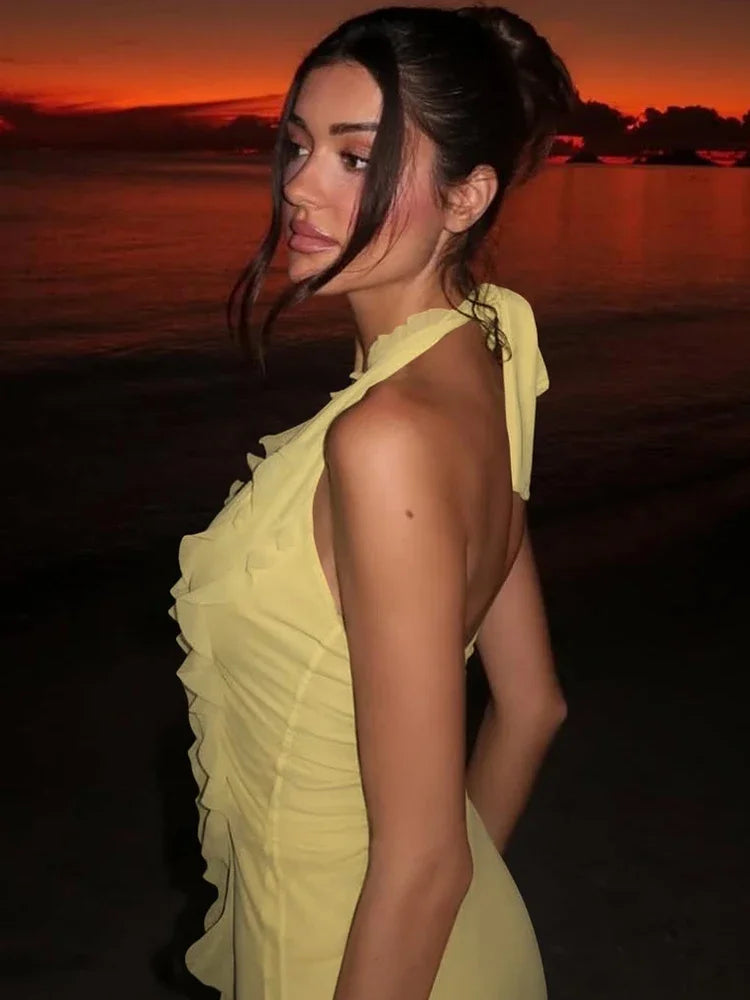 Women Solid Mesh Tassel Patchwork Halter Dress