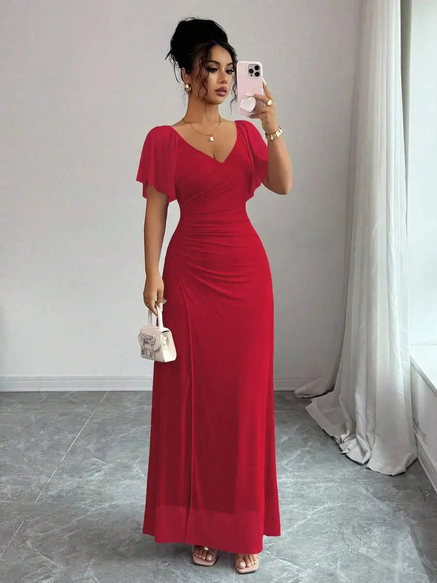 Light Purple V-Neck Ruffle Sleeve Pleated A-Line Split Maxi Dress