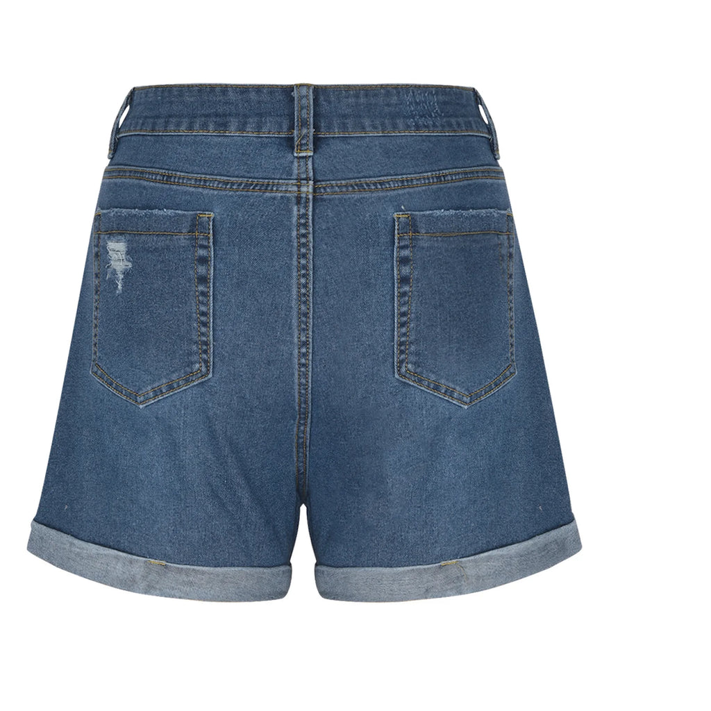 Medium Stretch Ripped Denim Shorts For Women Summer High Waist Rolled Hem Jeans Bottoms Daily Casual Soft Stretchy Ladies Pants