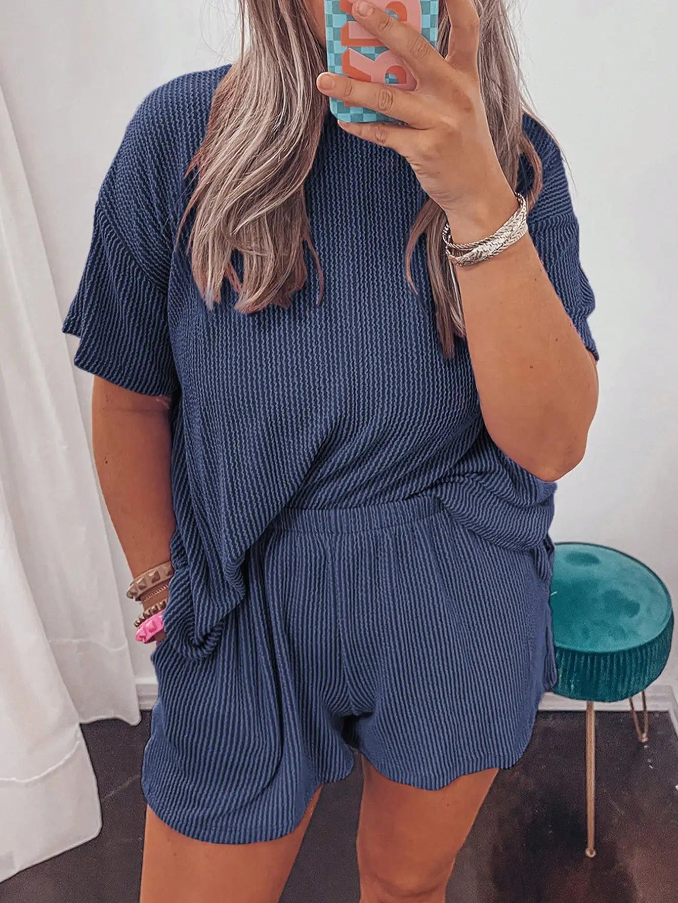 Pink & White Striped Ribbed Knit Loose T-Shirt and Shorts Set