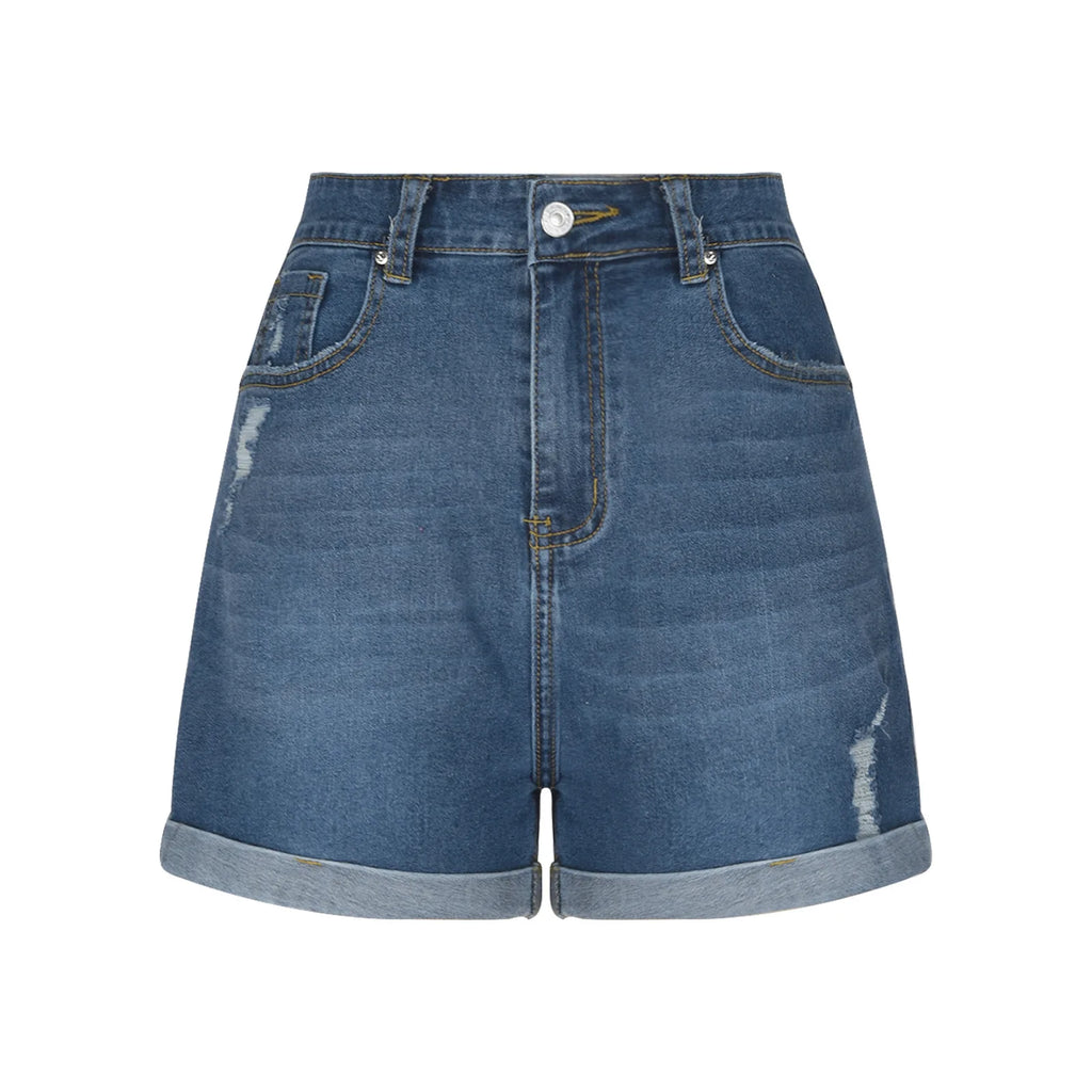 Medium Stretch Ripped Denim Shorts For Women Summer High Waist Rolled Hem Jeans Bottoms Daily Casual Soft Stretchy Ladies Pants