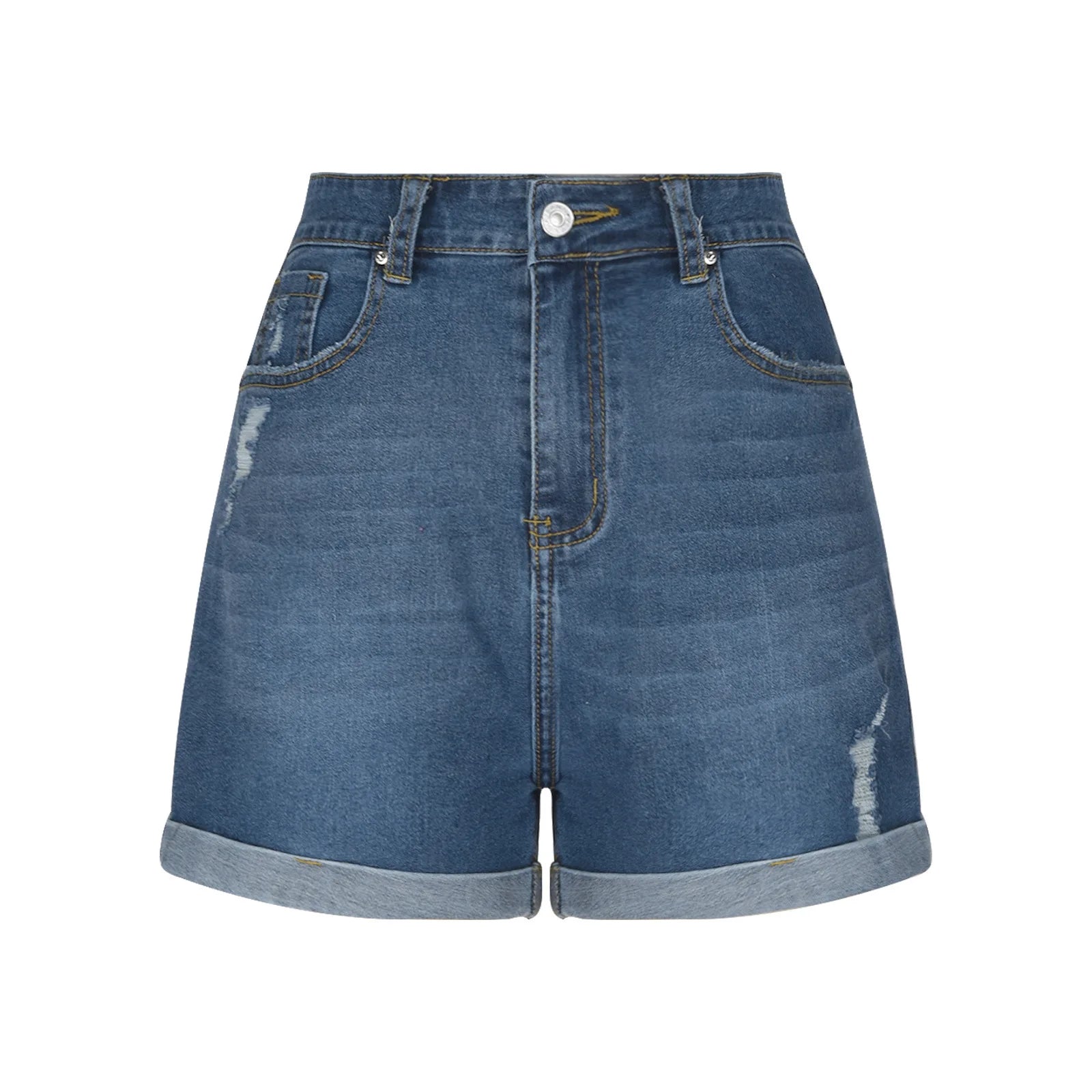 Medium Stretch Ripped Denim Shorts For Women Summer High Waist Rolled Hem Jeans Bottoms Daily Casual Soft Stretchy Ladies Pants