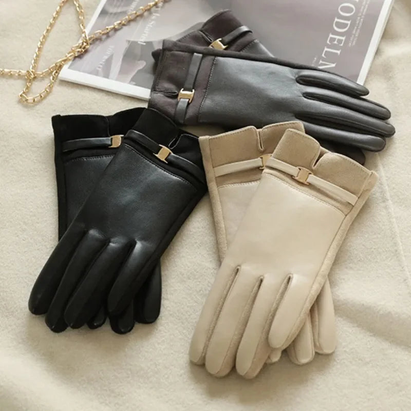 Women Winter Suede Leather Touch Screen Gloves