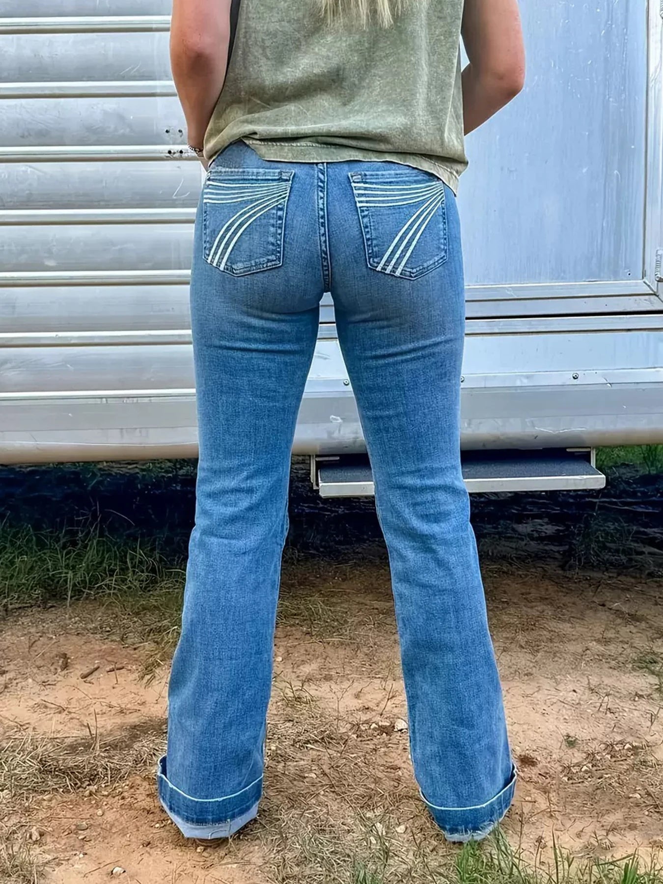 Women's High Waist Elastic Embroidered Flared Jeans