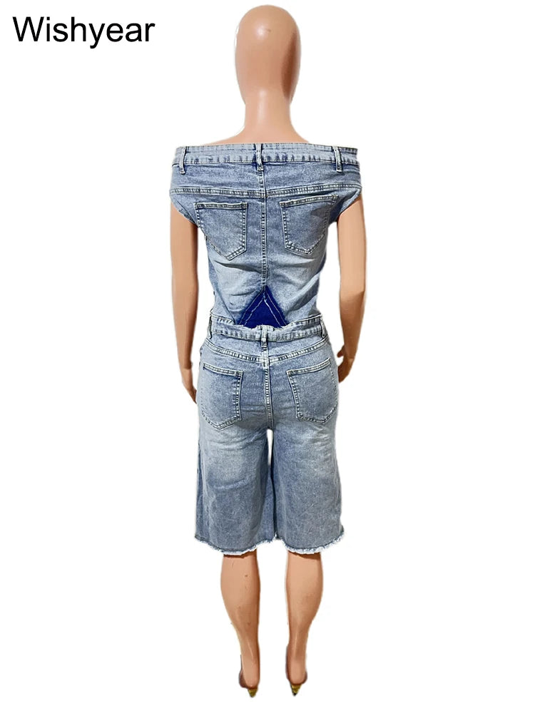 Women's Off-Shoulder Blue Denim Jumpsuit Slash Neck