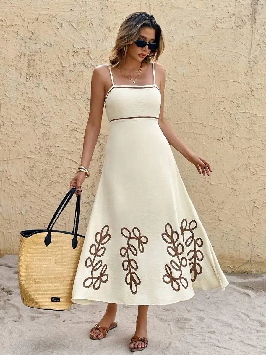 Cream Embroidered Leaf Pattern Spaghetti Strap Midi Dress