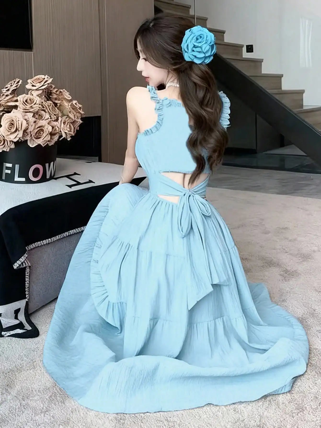 Light Blue Ruched Square Neck Pleated Midi Dress with Tiered Skirt