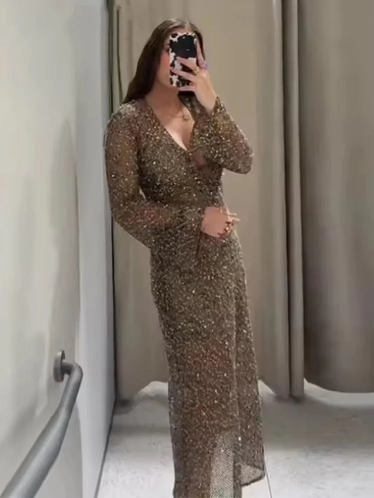 Sexy Sequined Long Pleated Dress