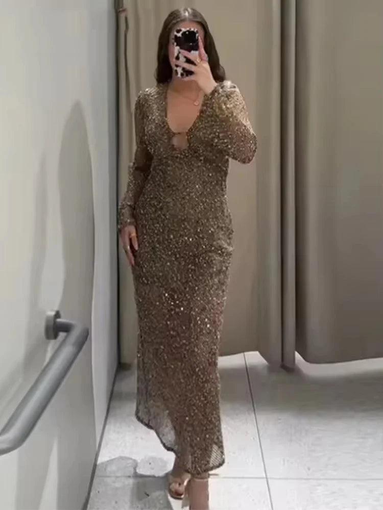 Sexy Sequined Long Pleated Dress