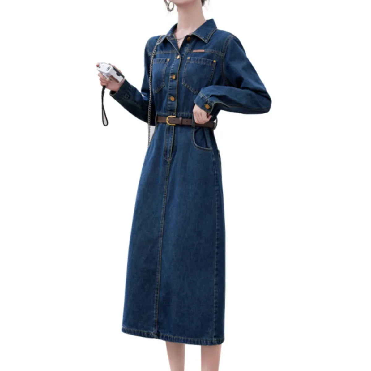 Long Sleeve Denim Ankle Length Dress