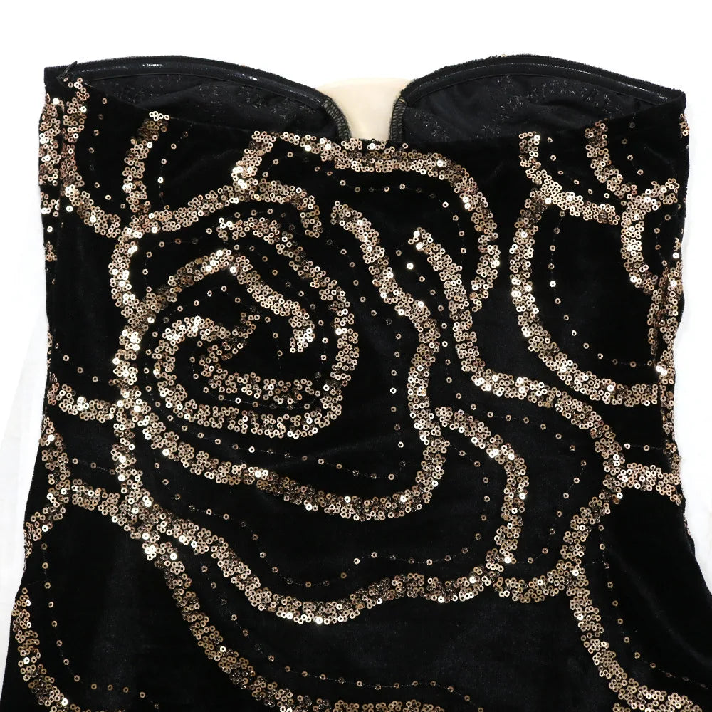 XTOCEAN Floral Sequined Strapless Maxi Dresses