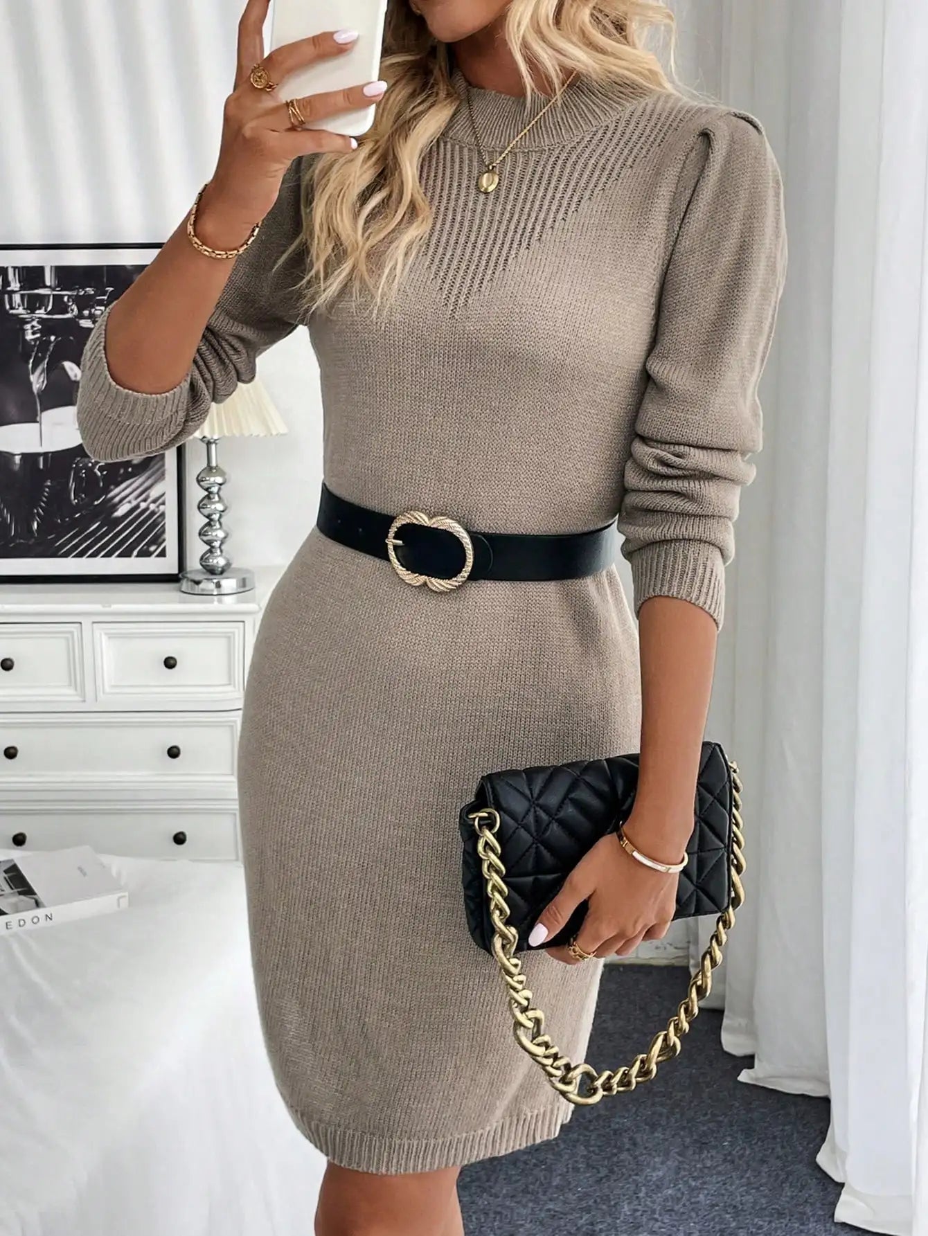 standing collar long sleeved knitted dress