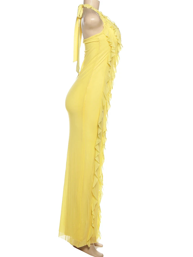 Women Solid Mesh Tassel Patchwork Halter Dress