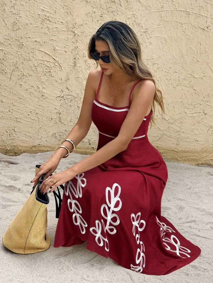 Cream Embroidered Leaf Pattern Spaghetti Strap Midi Dress
