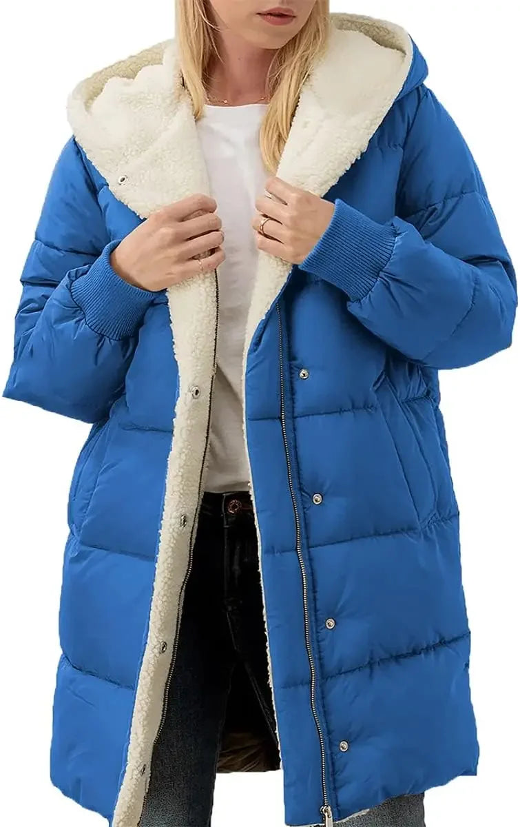 Womens Winter Warm Hooded Puffer Jacket Sherpa Fleece Lined Long Hooded Puffer Jacket