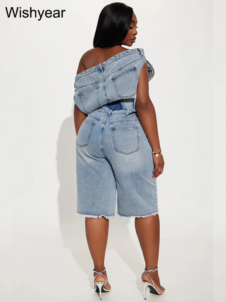 Women's Off-Shoulder Blue Denim Jumpsuit Slash Neck