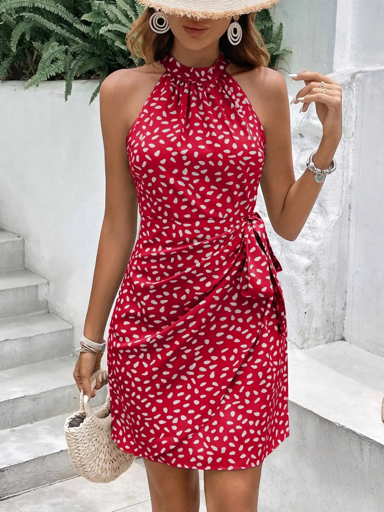 Sage Green Polka Dot Halter Wrap Dress