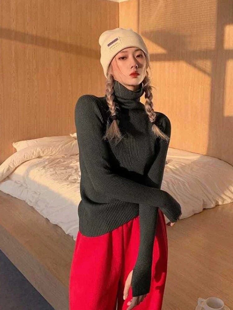 Knitted Turtleneck Sweater Winter Solid Color