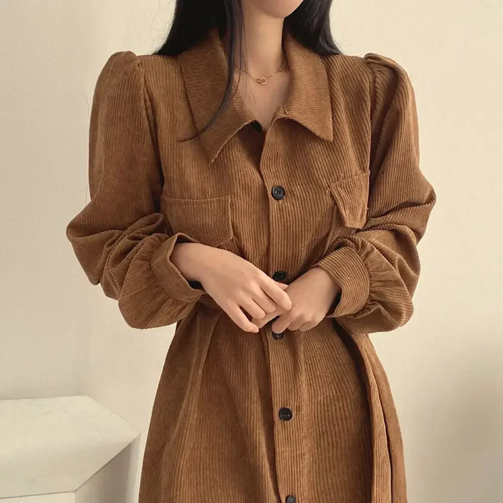 Single-Breasted Fitted Waist Long Corduroy Dress