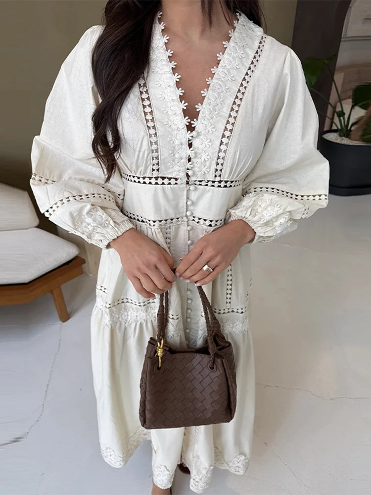 Lace V-neck Full Puff Sleeves Dresses Women