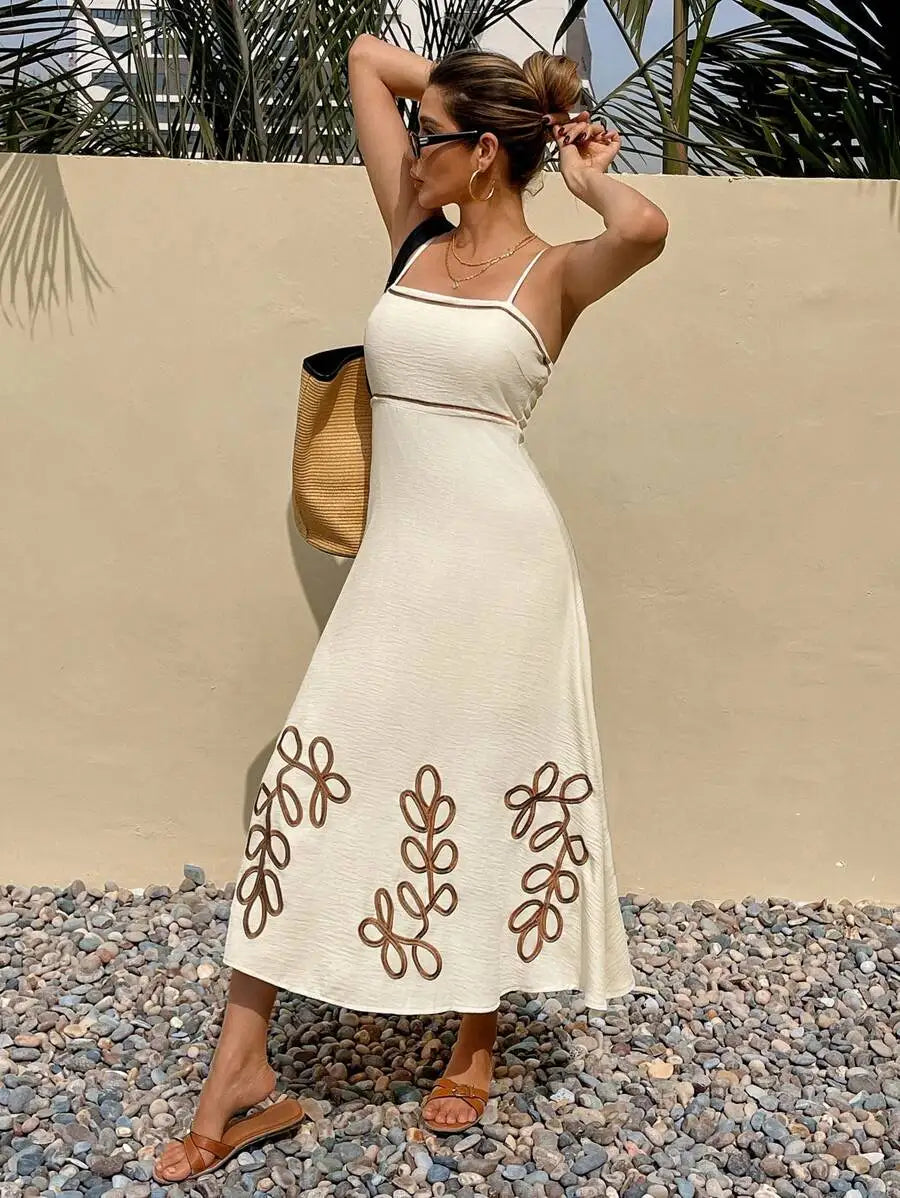 Cream Embroidered Leaf Pattern Spaghetti Strap Midi Dress