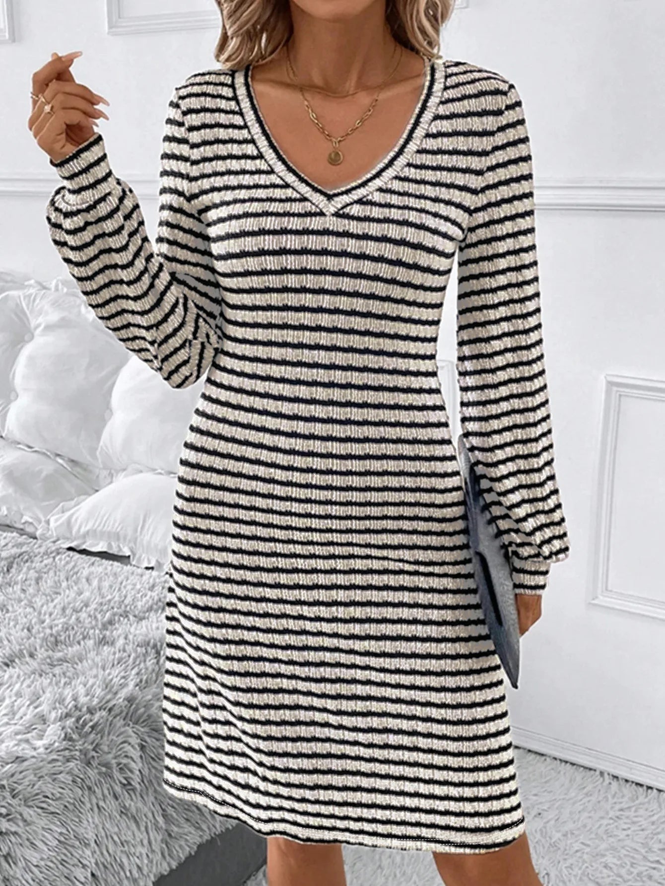 Women's Striped Knit V - Neck Dress