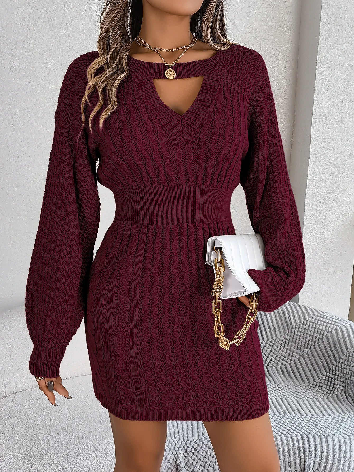 Woolen Dress O-Neck Lantern Sleeve