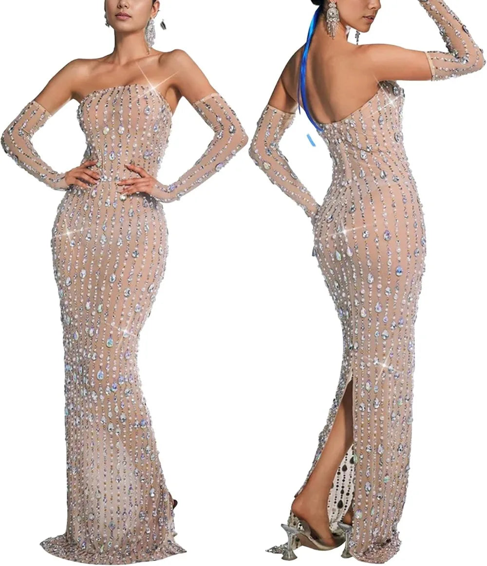Women's Long Sleeve Mesh Rhinestone See Through Sequined Party Dress