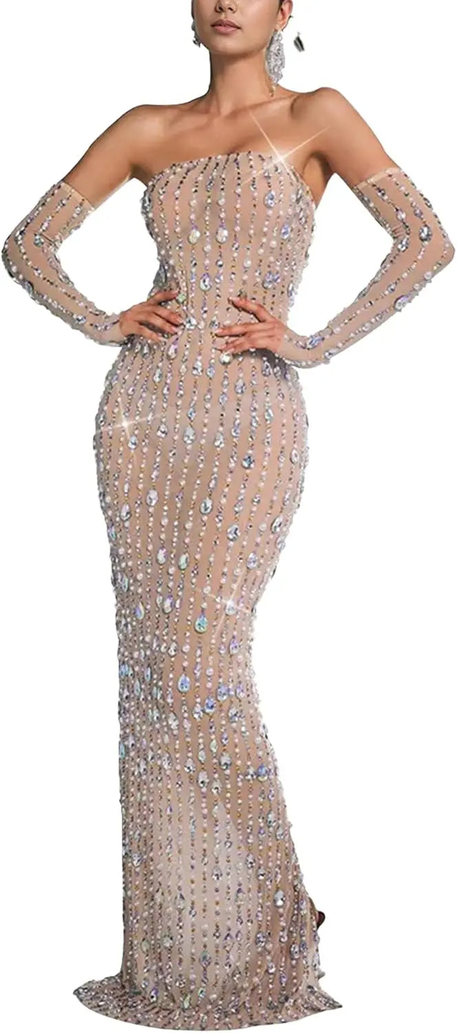 Women's Long Sleeve Mesh Rhinestone See Through Sequined Party Dress