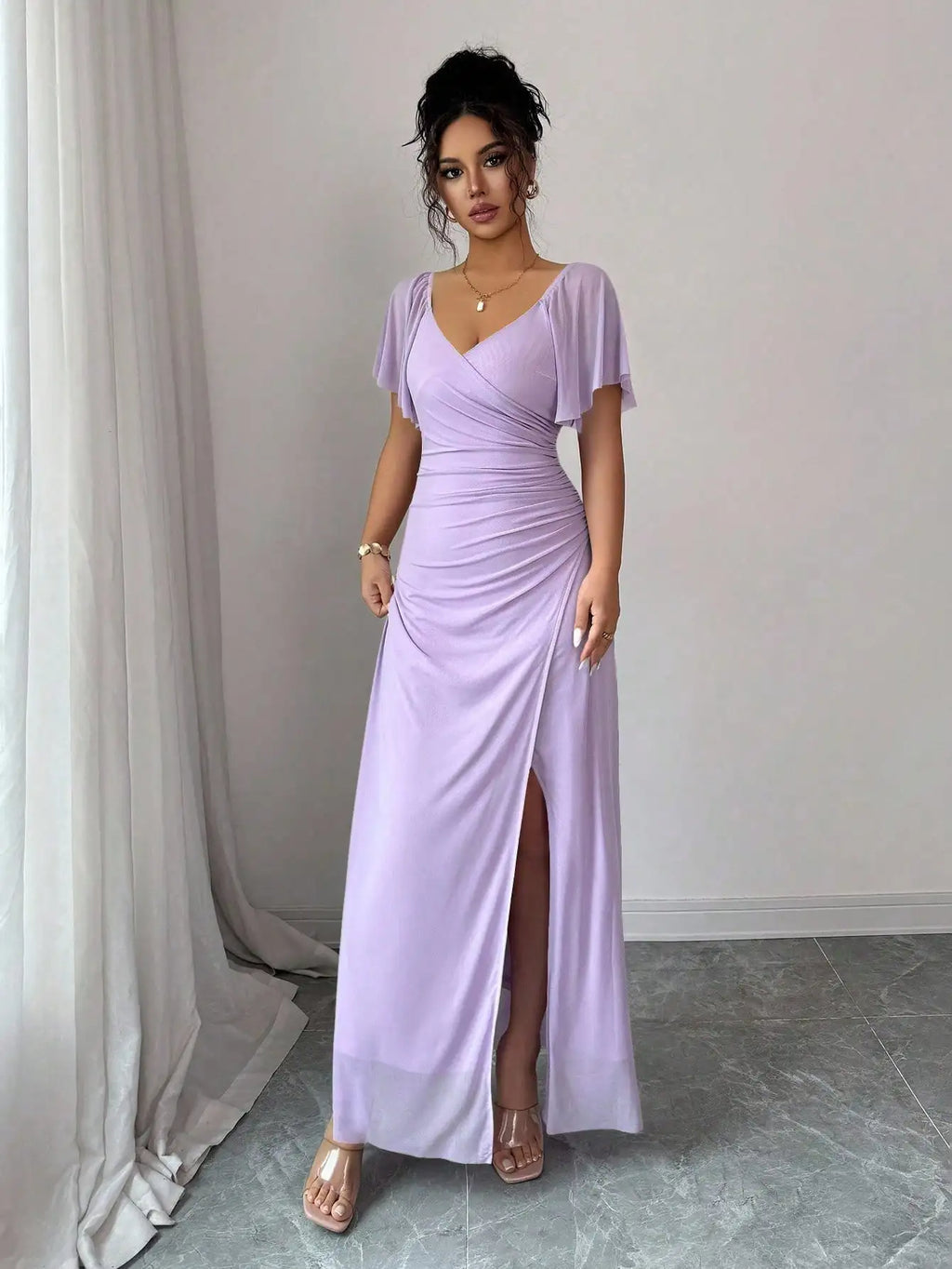 Light Purple V-Neck Ruffle Sleeve Pleated A-Line Split Maxi Dress