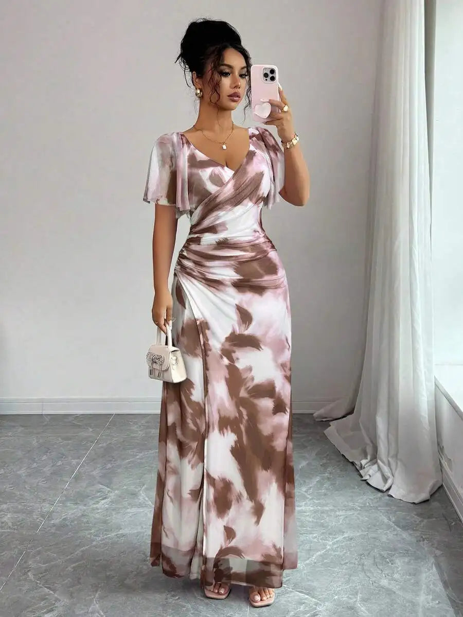 Light Purple V-Neck Ruffle Sleeve Pleated A-Line Split Maxi Dress