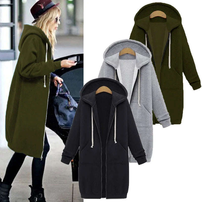 Loose Maxi Hooded Jackets Zipper with Pockets