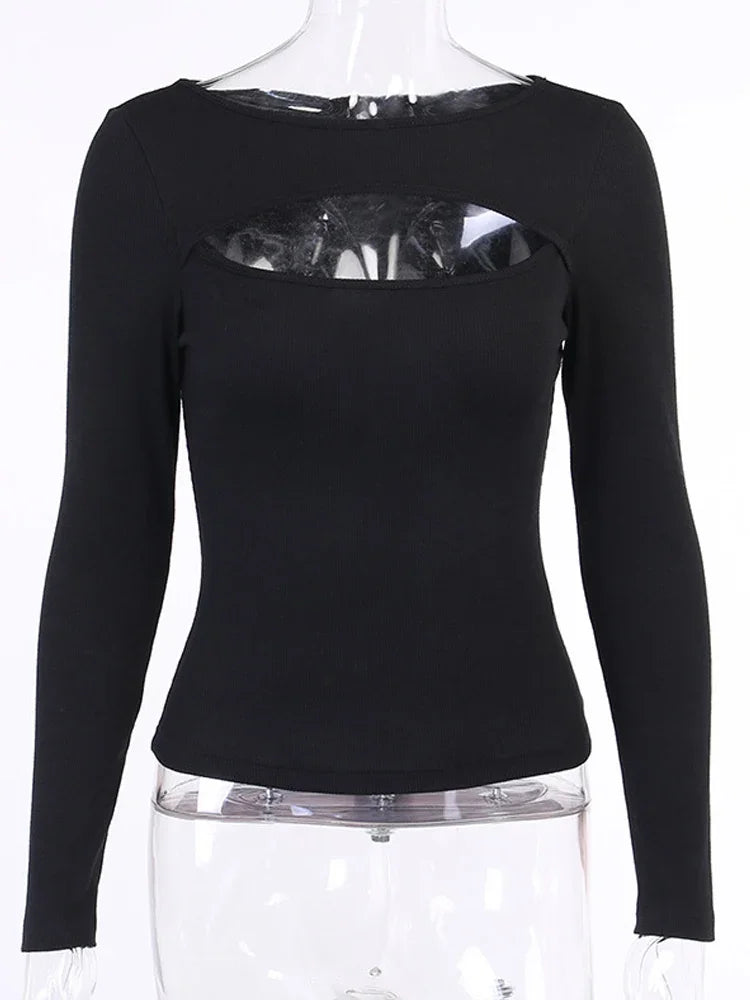 Hollow Out Solid Black White Long Sleeve Knitted Tee Tops