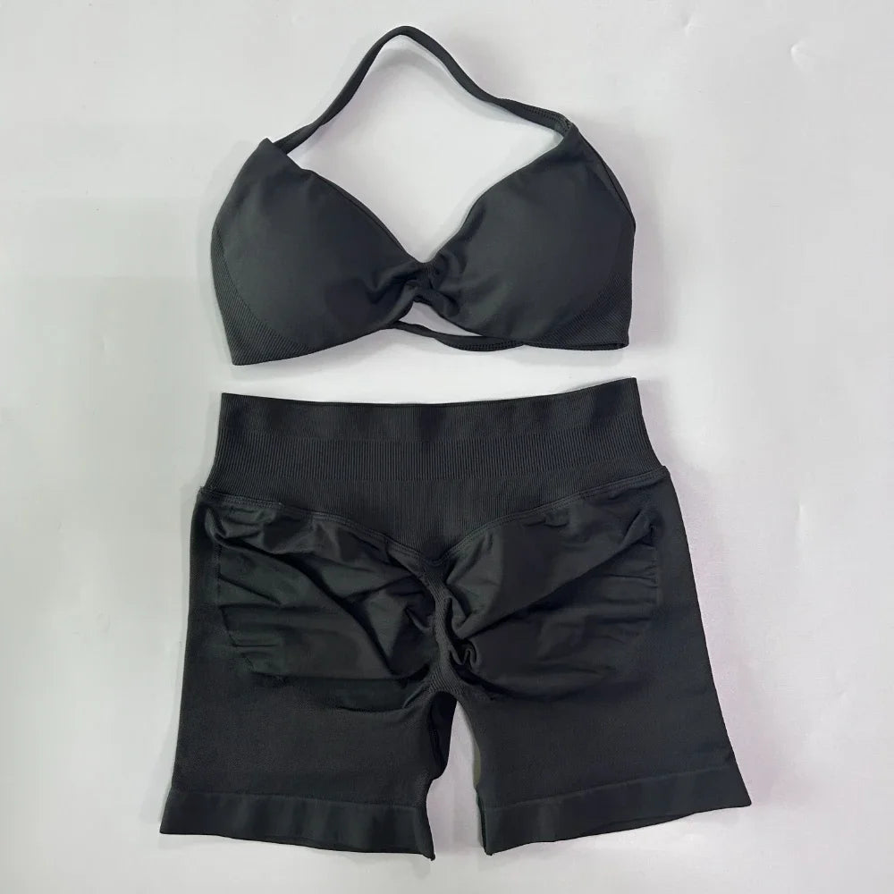 NO LOGO 2PCS Gym Set Women Strappy Yoga Bra