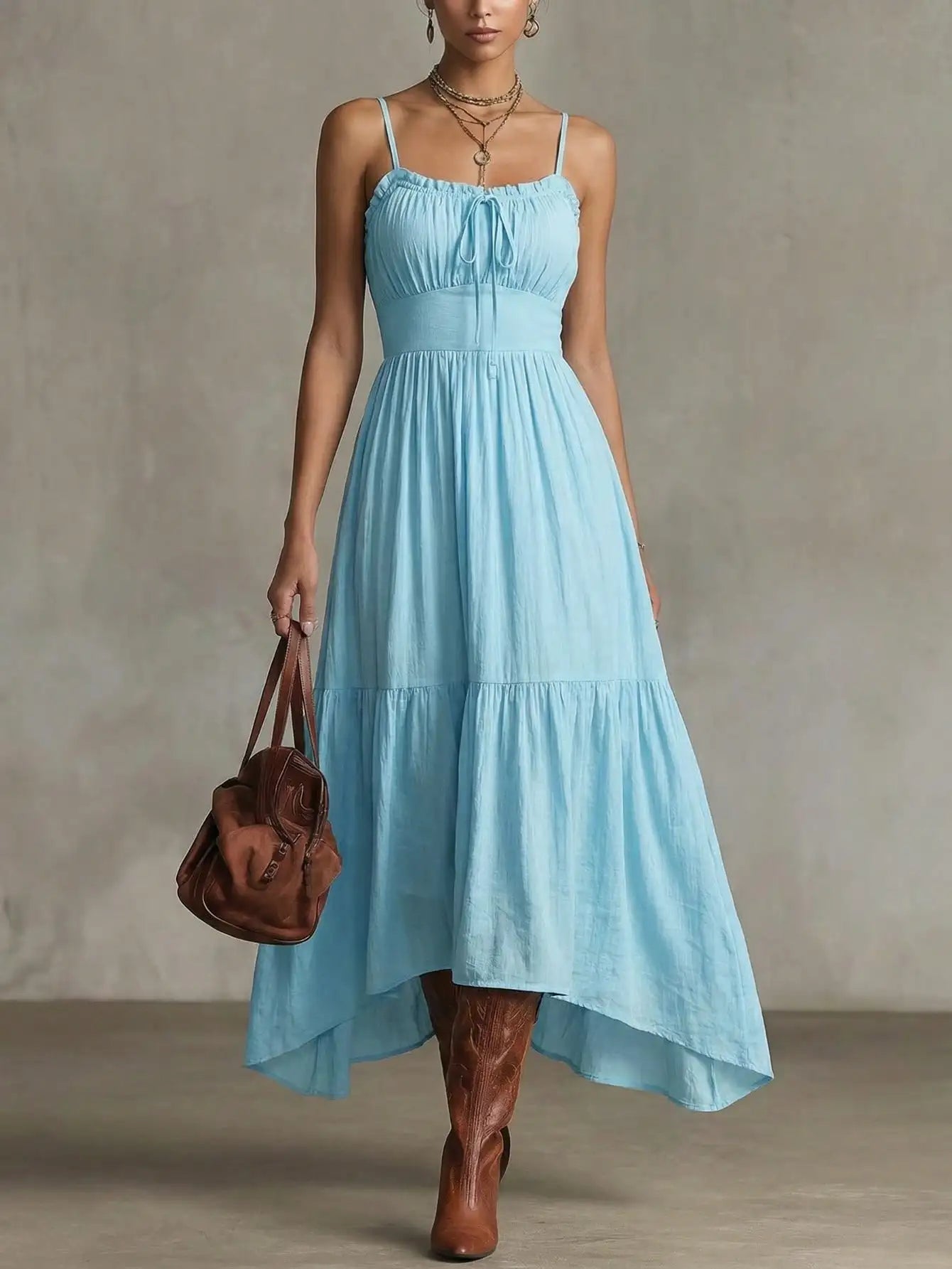 Light Blue Ruched Square Neck Pleated Midi Dress with Tiered Skirt