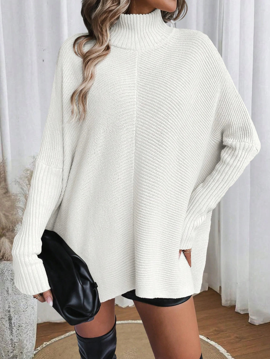 Woman Sweater Irregular Hem Turtleneck Pullover