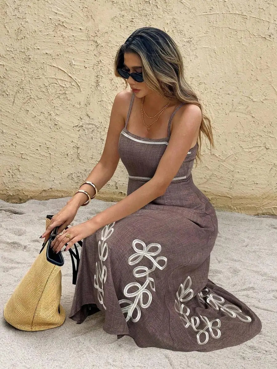 Cream Embroidered Leaf Pattern Spaghetti Strap Midi Dress