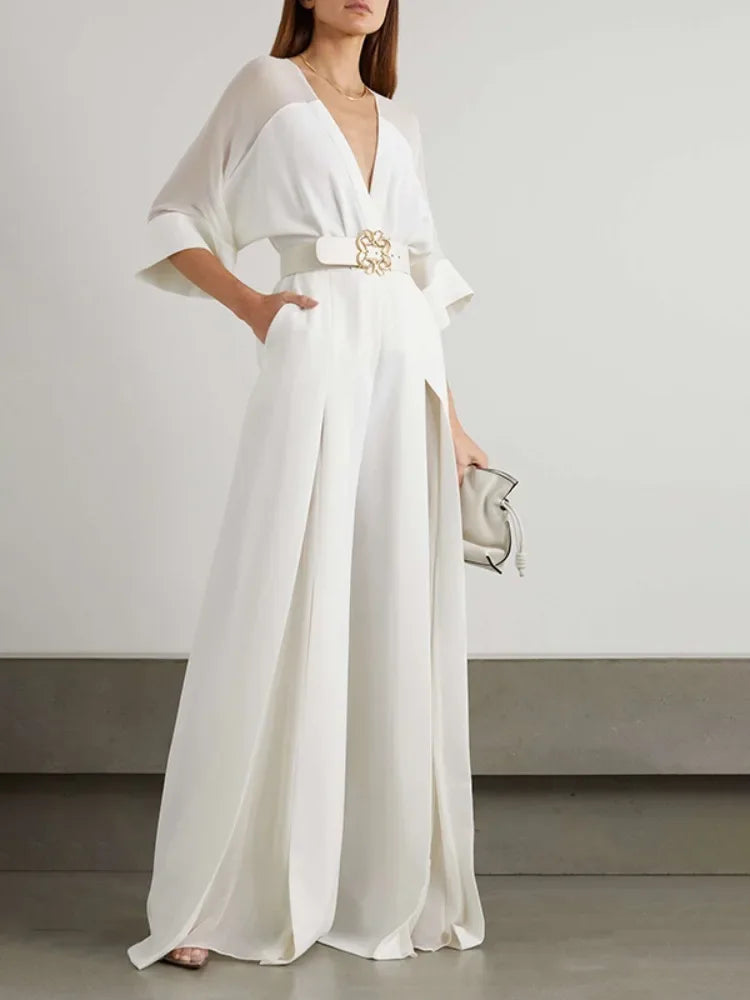 New White Urban Women Belted Wide Leg Jumpsuit