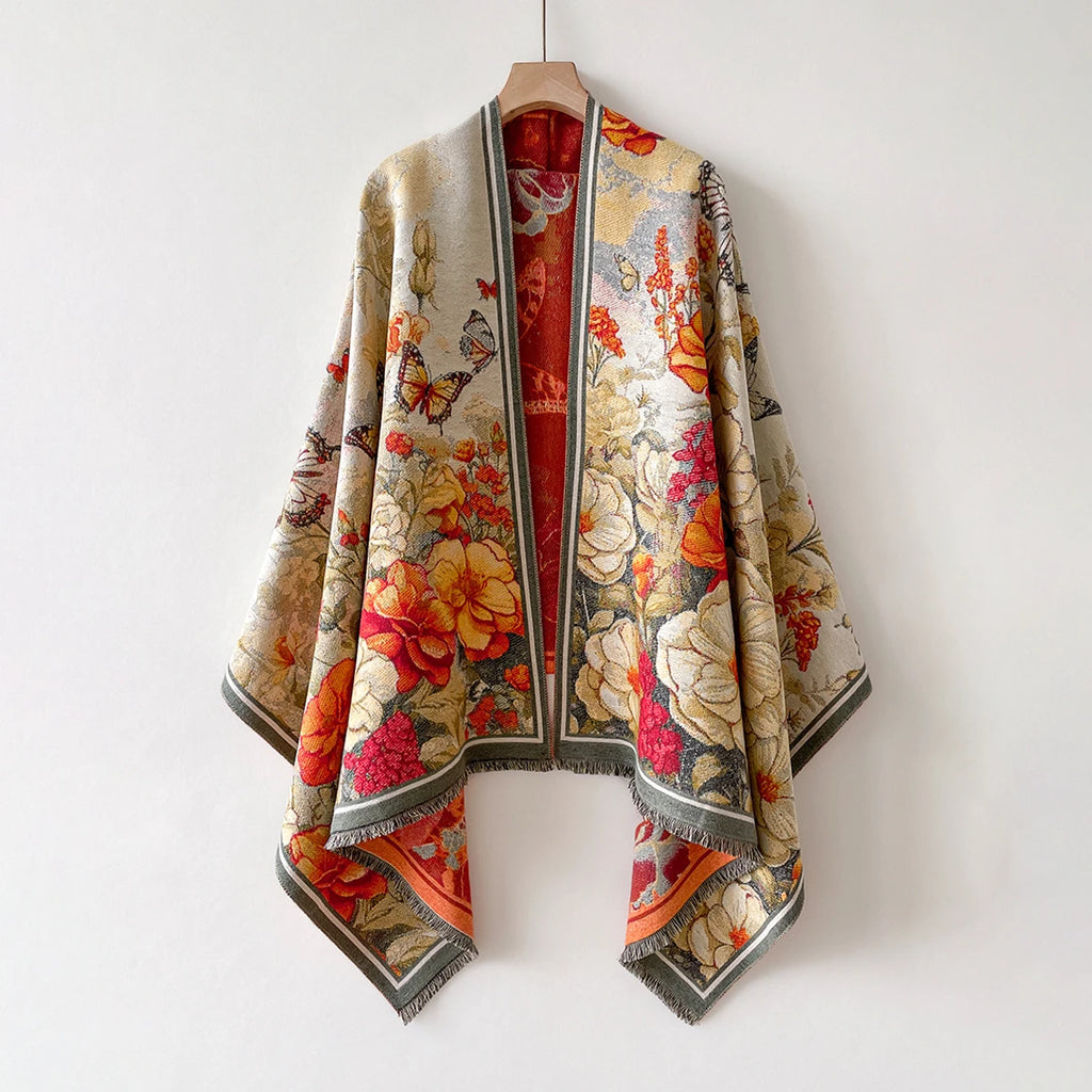 Luxury Warm Poncho Cashmere Floral Jacquard Shawl Wraps