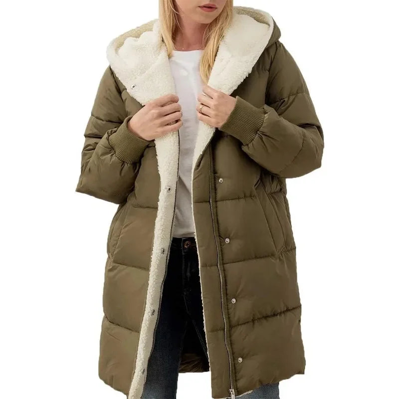 Womens Winter Warm Hooded Puffer Jacket Sherpa Fleece Lined Long Hooded Puffer Jacket