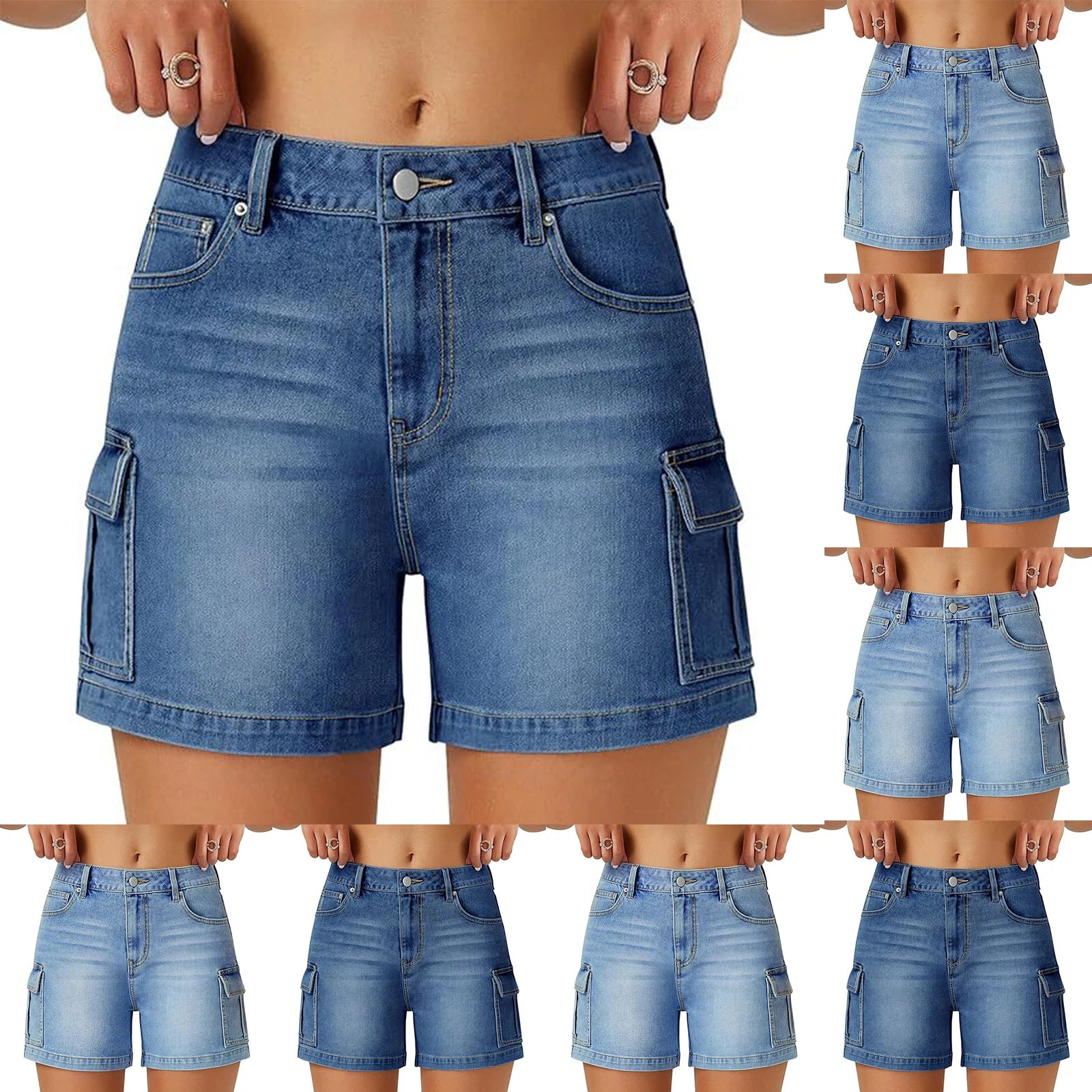 Solid Color Women's  Slim Cargo Denim Shorts
