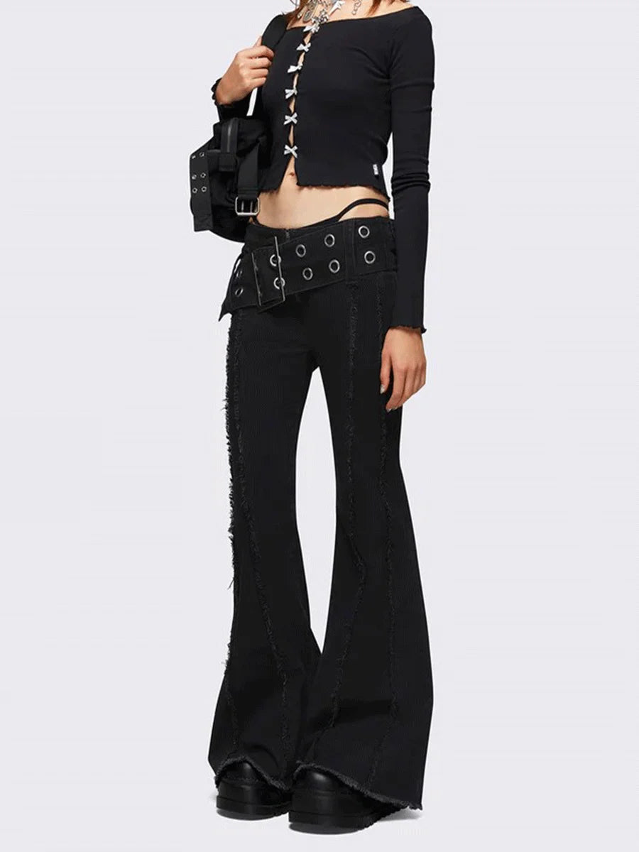 Women's black classic lace-up buckle fur edge stretch jeans