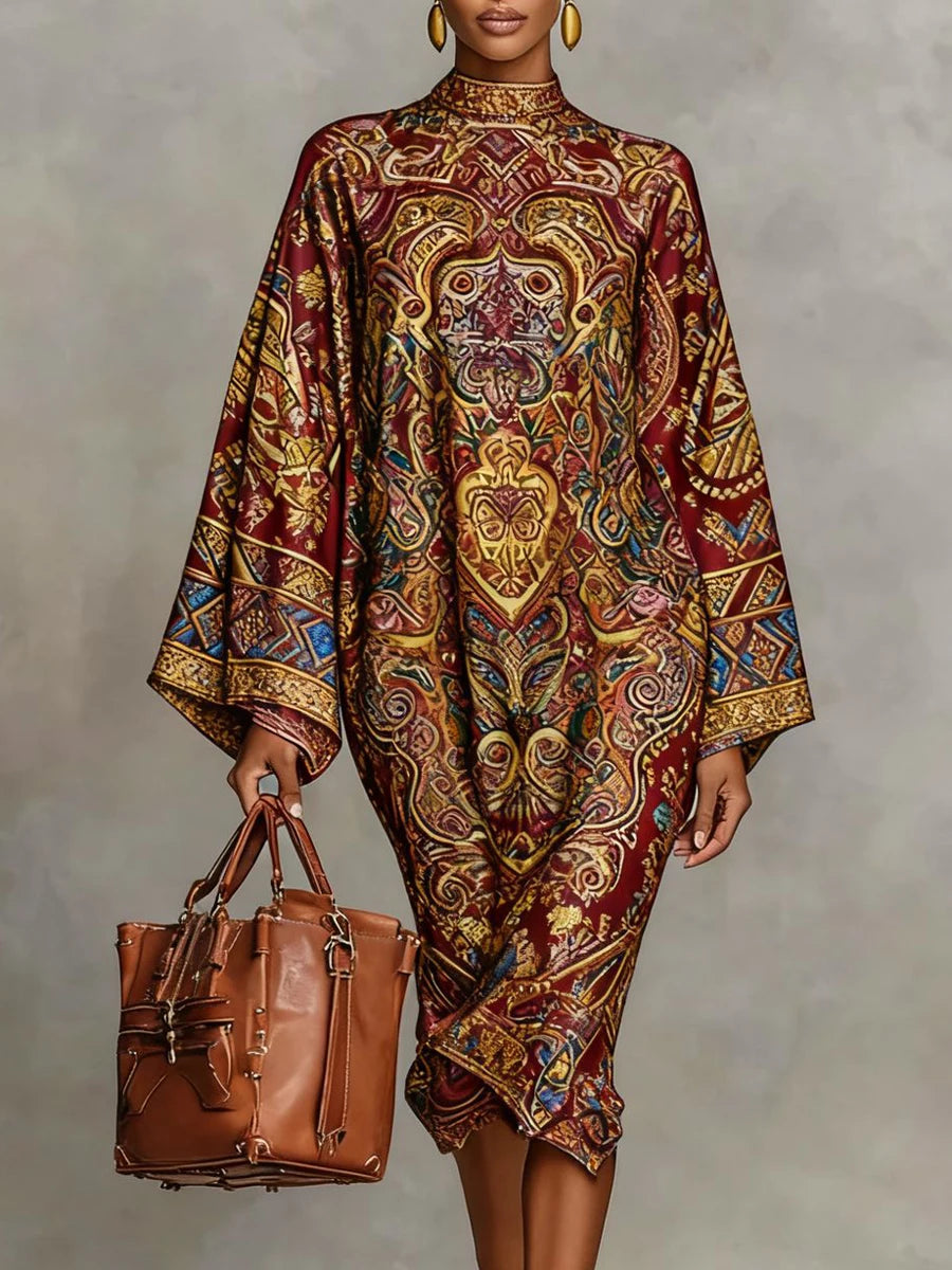 UOOZEE Women's Vintage Elegant Printed High Neck Kaftan Dress