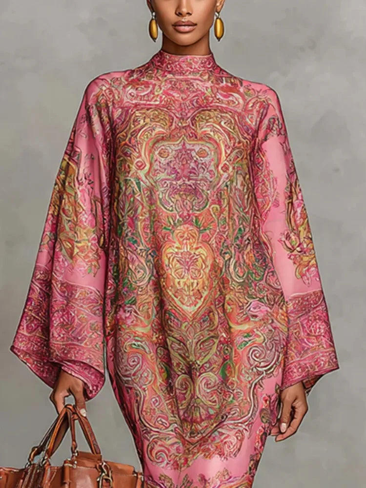 UOOZEE Women's Vintage Elegant Printed High Neck Kaftan Dress