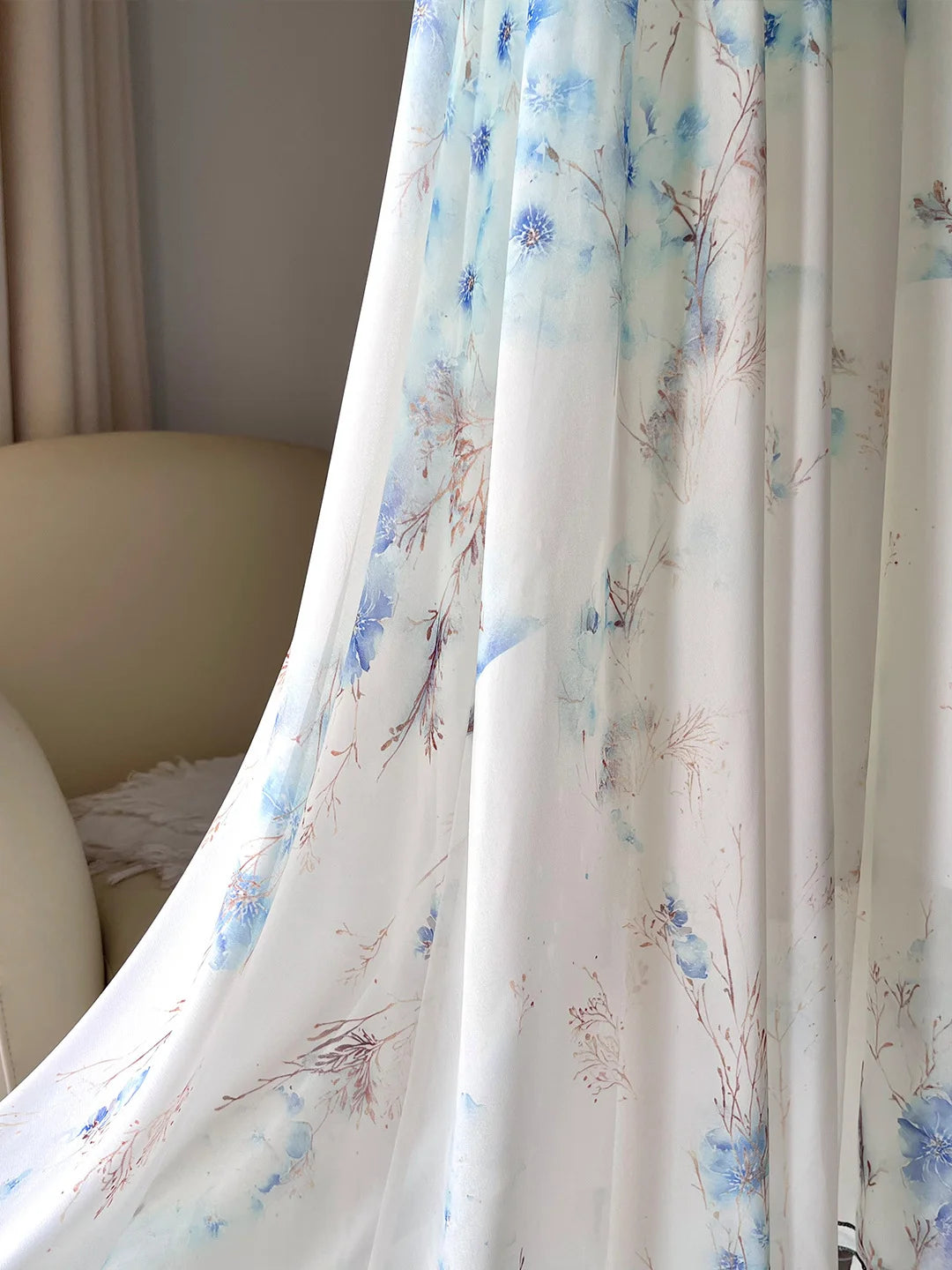 Blue Long Sleeve V-Neck Floral Print Maxi Dresses