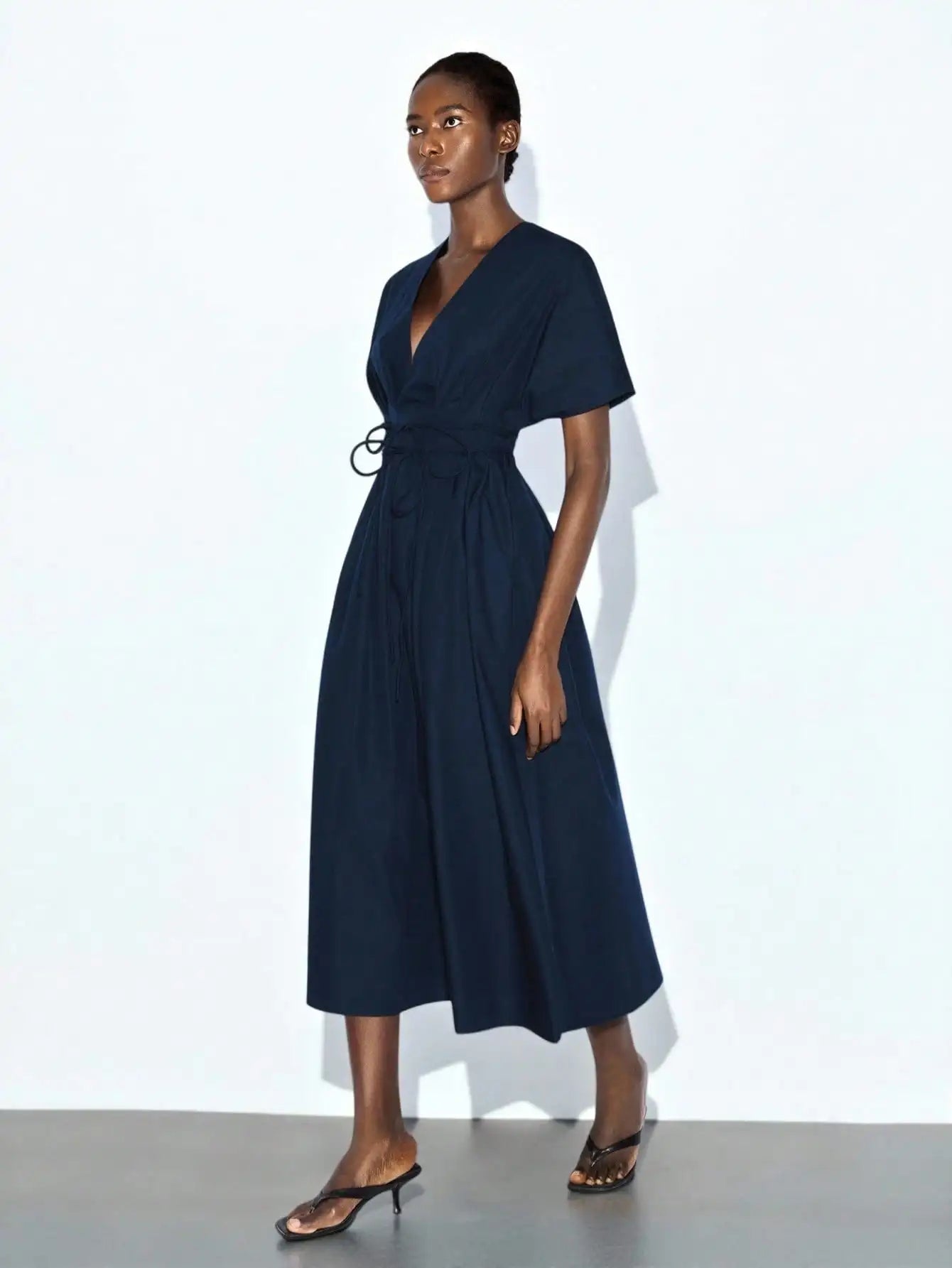 Navy Blue Deep V-Neck Puff Sleeve Wrap Dress with Cinched Waist