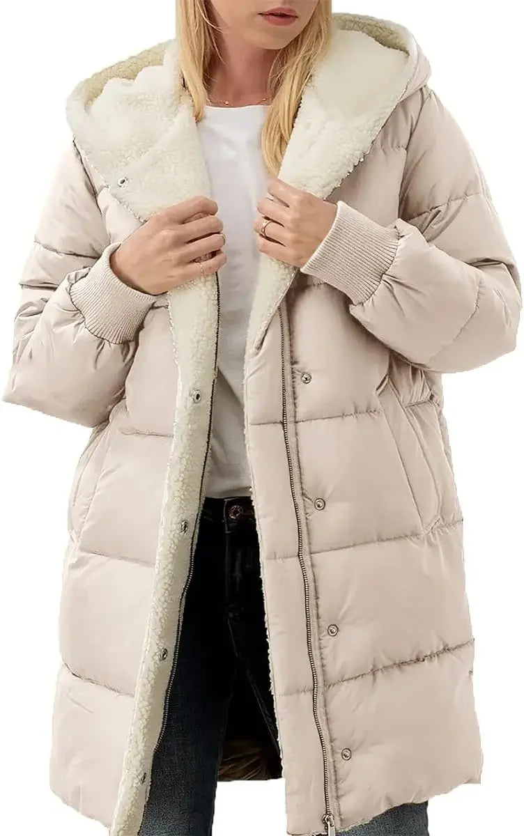 Womens Winter Warm Hooded Puffer Jacket Sherpa Fleece Lined Long Hooded Puffer Jacket